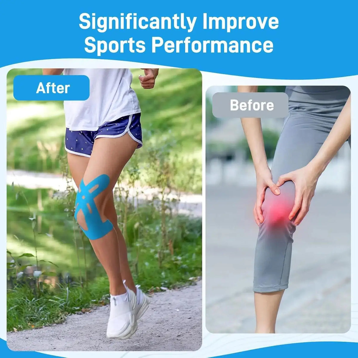 6-Pack Pre-Cut Knee Kinesiology Tape Waterproof Elastic Latex-Free No Residue Pain Relief Knee Support Sports Tape for Athletes