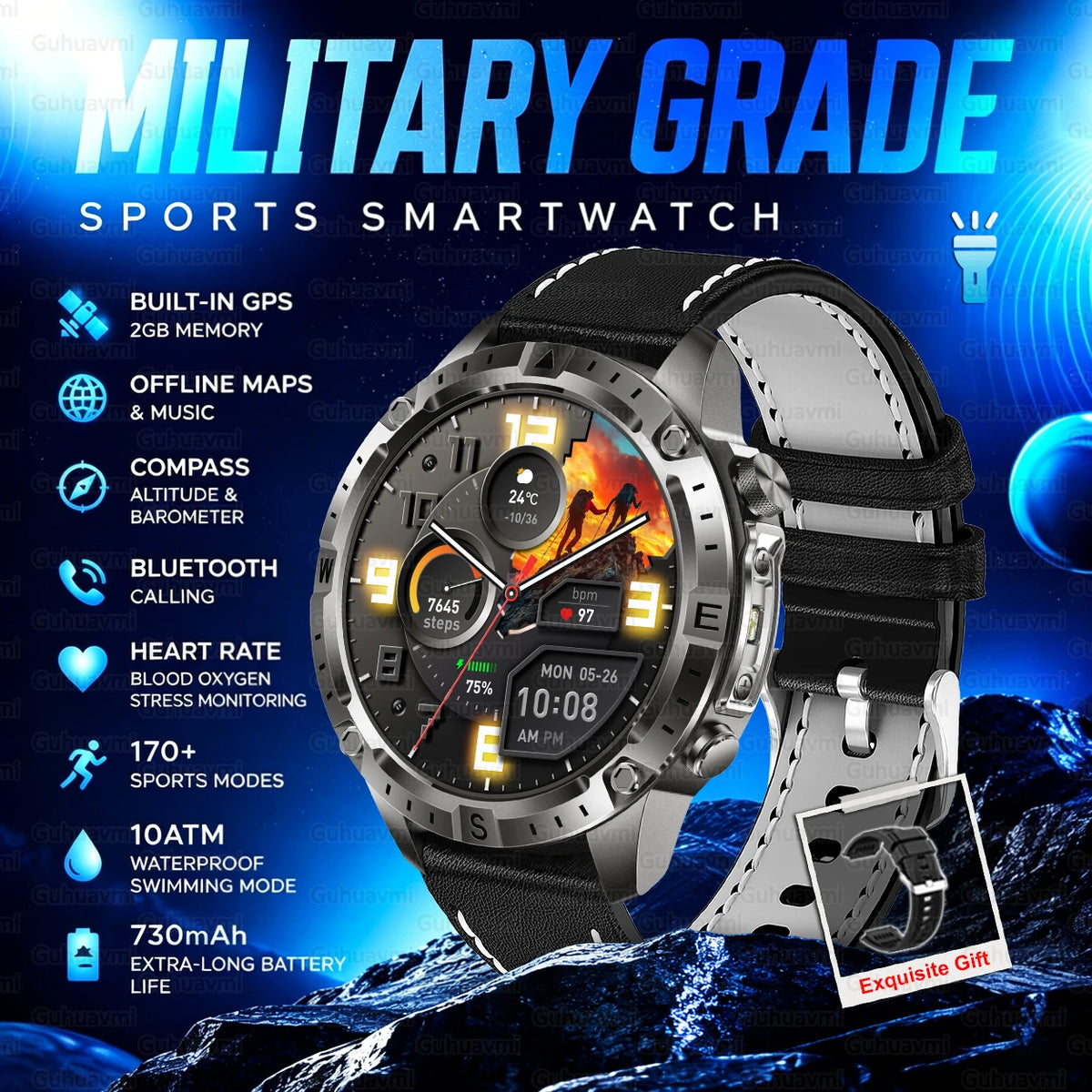 2026 New Rugged Military Smartwatch 2GB Memory GPS Offline Maps Compass 24H Heart Rate 10ATM Waterproof Bluetooth Sports Watches