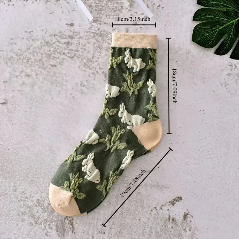 10/20 Double Mixed Vintage 3D Relief Design Women's Middle Socks Forest Plant Flowers Soft and Comfortable Casual Women's Socks