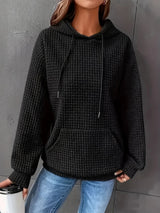 Women Short Length Waffle Knit Hoodie Solid Black Drawstring Pullover Sweatshirt Front Kangaroo Pocket Long Sleeve Casual Tops