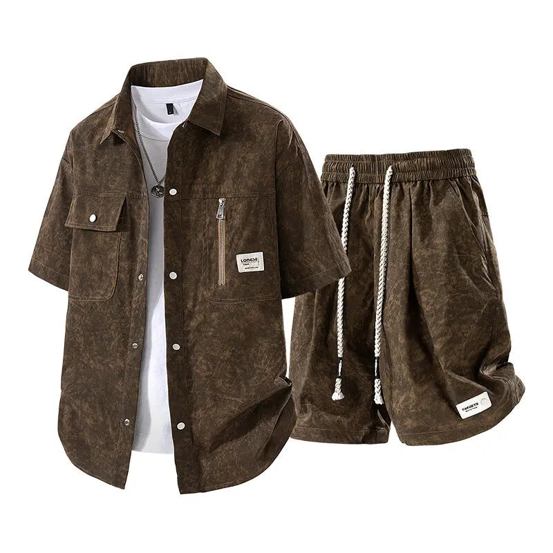Men's Summer Casual Versatile Fashionable Cool Short-Sleeved Shirt And Shorts Set Trendy Business Casual Outfit