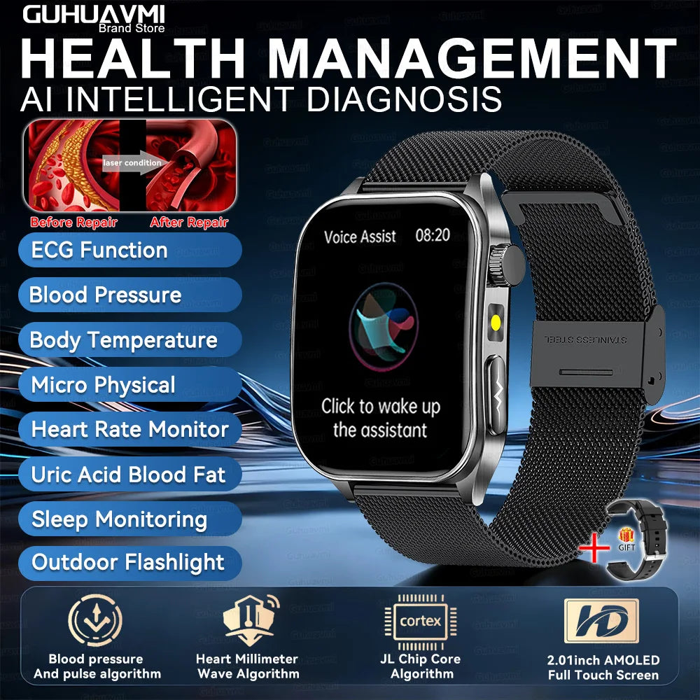 2026Hot AI-GPT Diagosis ECG Health SmartWatch Blood Pressure Lipid Uric Acid 650nm Dual-Probelaser Heart Analysis Smart Bracelet