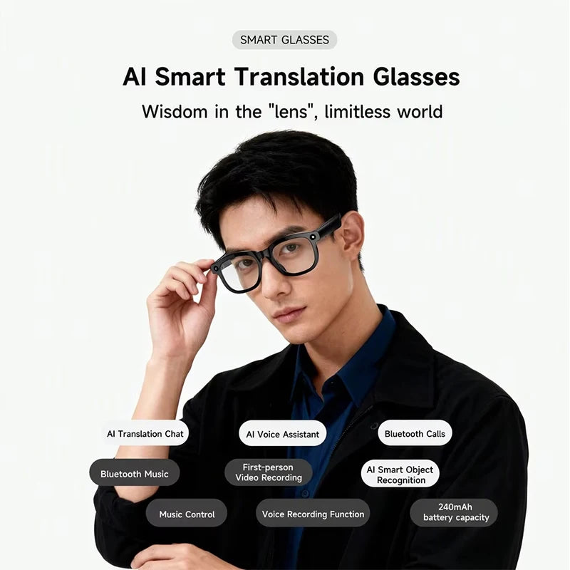 AI Smart Translation Glasses Real-time Translator Bluetooth 5.3 Calling HD Lens 240mAh Battery Lightweight Unisex