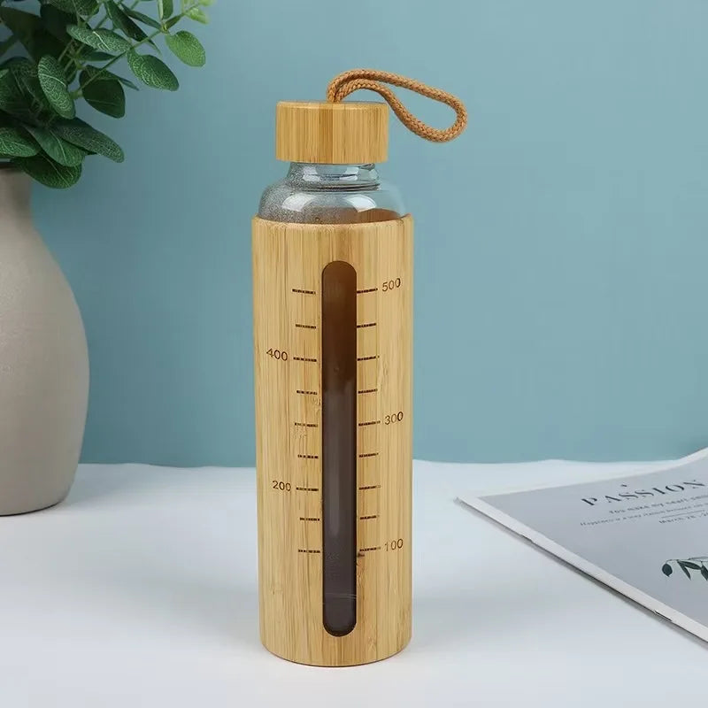 550ML Borosilicate Glass Water Bottle Bamboo Sleeve Cover Eco-Friendly Reusable Travel Drinkware Protective Tumbler Outdoor Cups