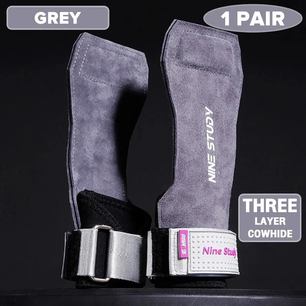 1 Pair Premium Anti-Slip Wrist Wrap Lifting Straps Grips Fitness Gloves for Gym Training Deadlifting 3 Layer Leather