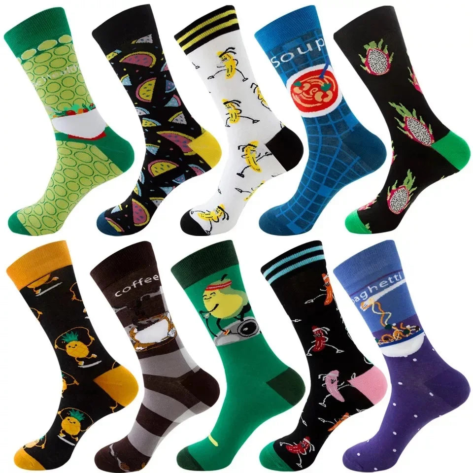 10 Pairs Lot Pack Men Women Couples Lover Socks New Arrival Rhombus Animal Christmas Cartoon Fruit Food Dot Cotton Happy Socks