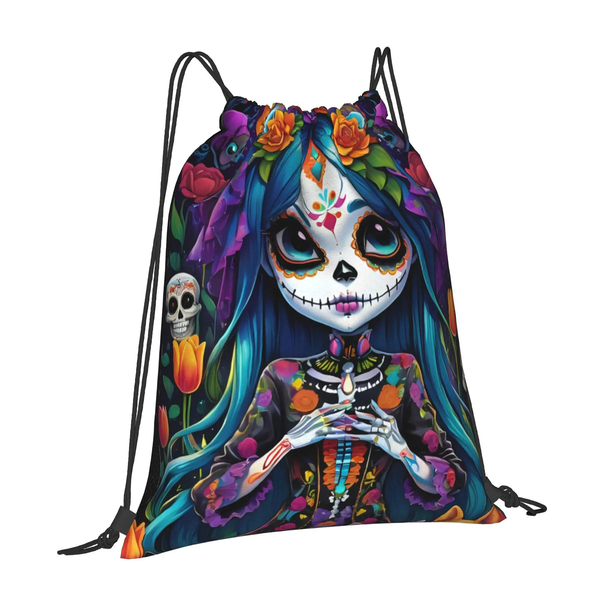 Custom Day of the Dead Gift Skeleton Girl Halloween Drawstring Bag for Shopping Yoga Backpacks Men Women  Sports Gym Sackpack
