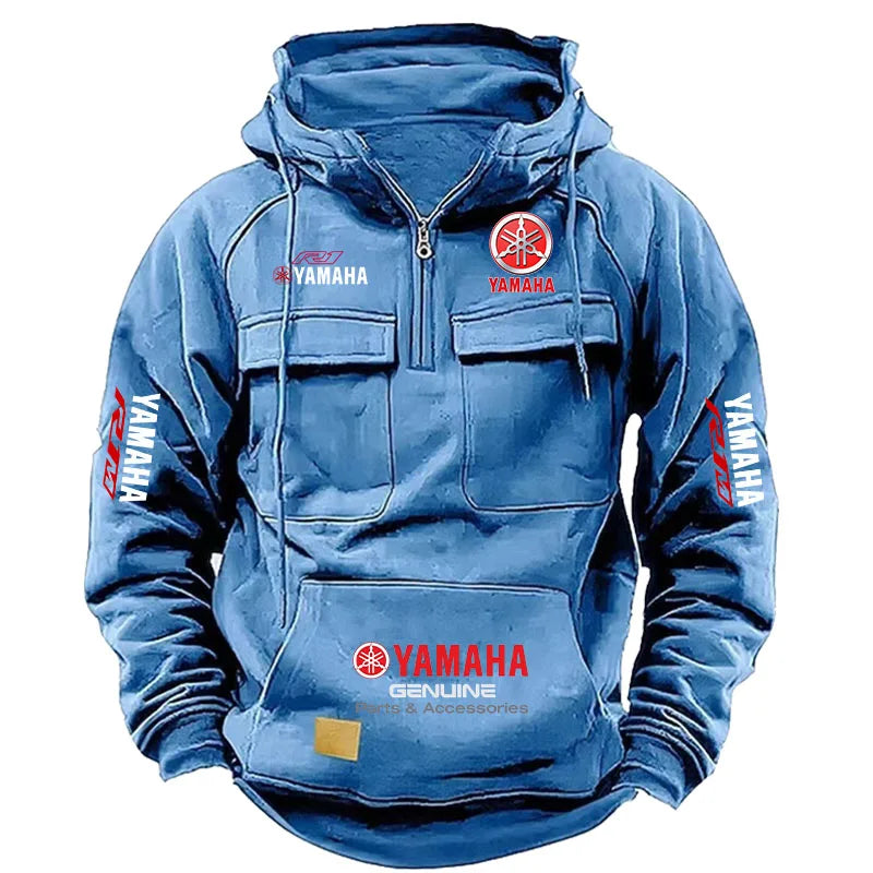 2026 New YAMAHA Logo Motorcycle Racing Race Retro Velvet Half Zipper Hoodie Men's Multi Pocket Autumn/Winter Casual Sweatshirt