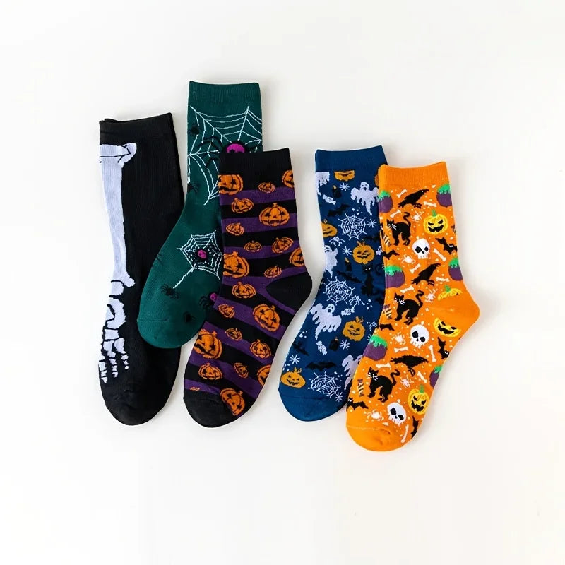 5Pairs Halloween Novelty Socks Men Women Funny Pumpkin Ghost Skeleton Spider Cat Print Mid‑Calf Socks Holiday Party Cosplay Sock