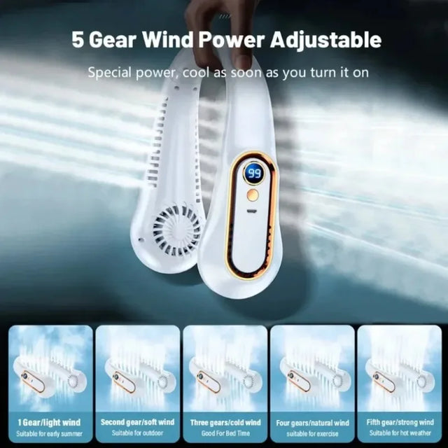 2026 New 5-Speed Neck Fan Portable Fan with 720° Dual-Sided Cooling Wind Digital Display USB Rechargeable for Outdoor Gym Office