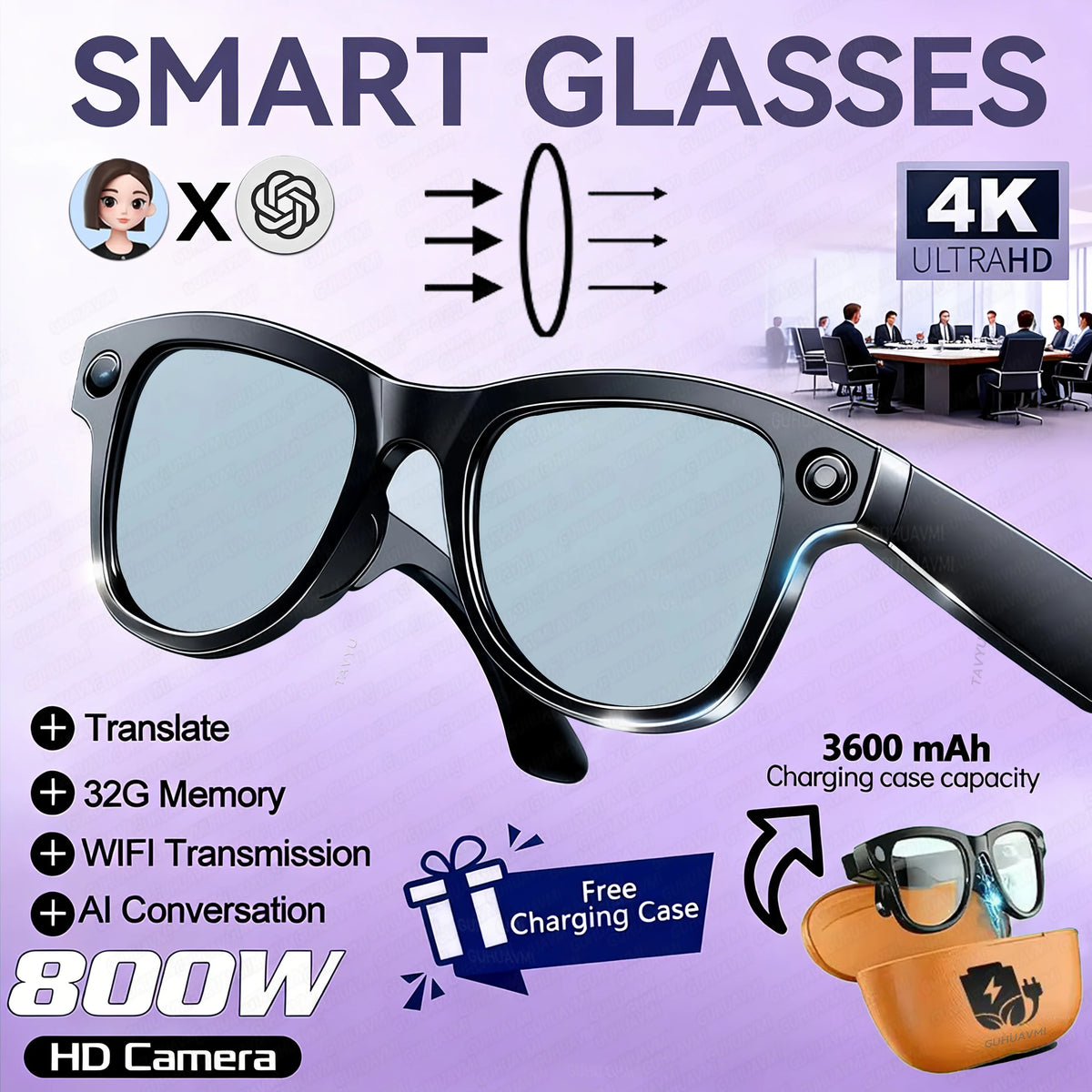 2026 New 800W Camera 3600mAh Portable Charger Smart Glasses 100+language Translation Bluetooth Call Music Player AI Chat Glasses