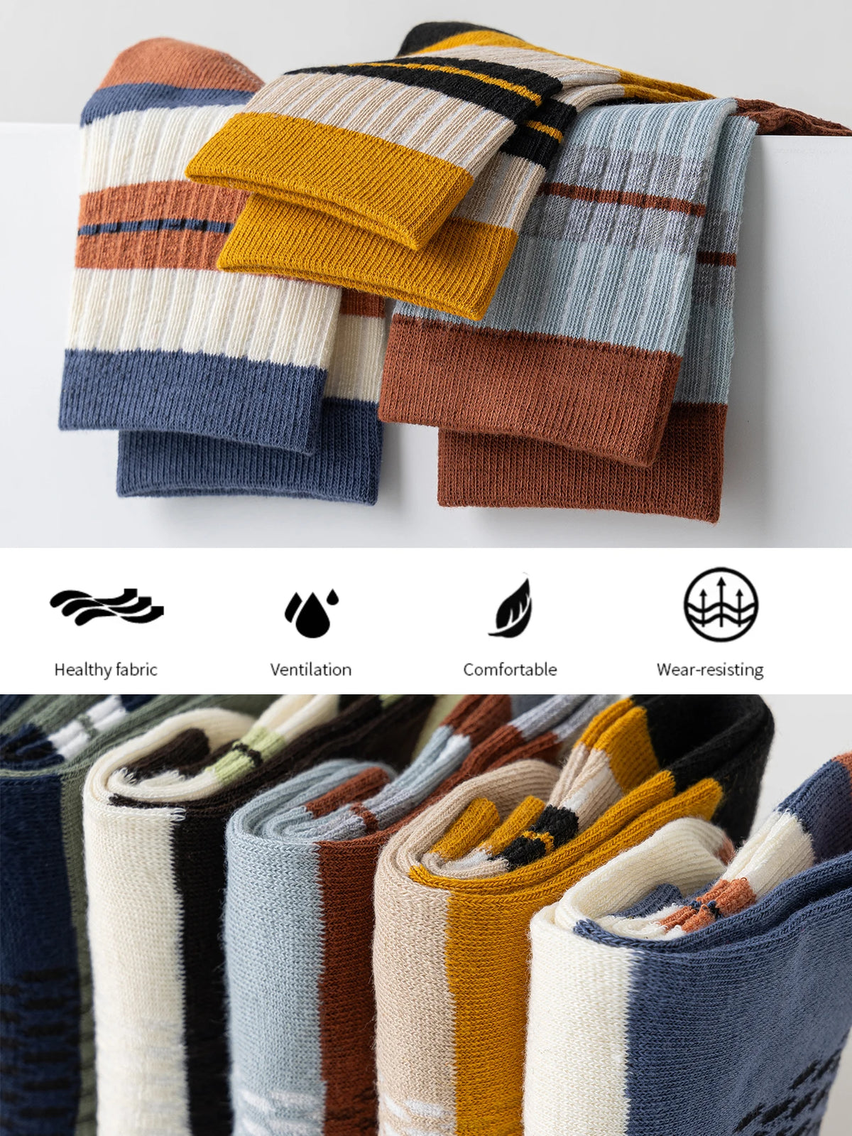 5 Pairs Men's Fashion Casual Striped Cotton Socks Anti-Odor Absorbent Mid-Calf Spring/Summer Regular Thickness Student Socks