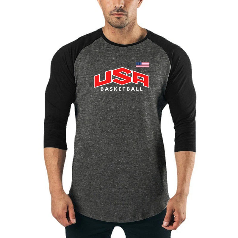 Autumn and Winter Cotton Patchwork Breathable Sweat-wicking Tops Men's Fitness Casual T-shirt Running Training Short Sleeves