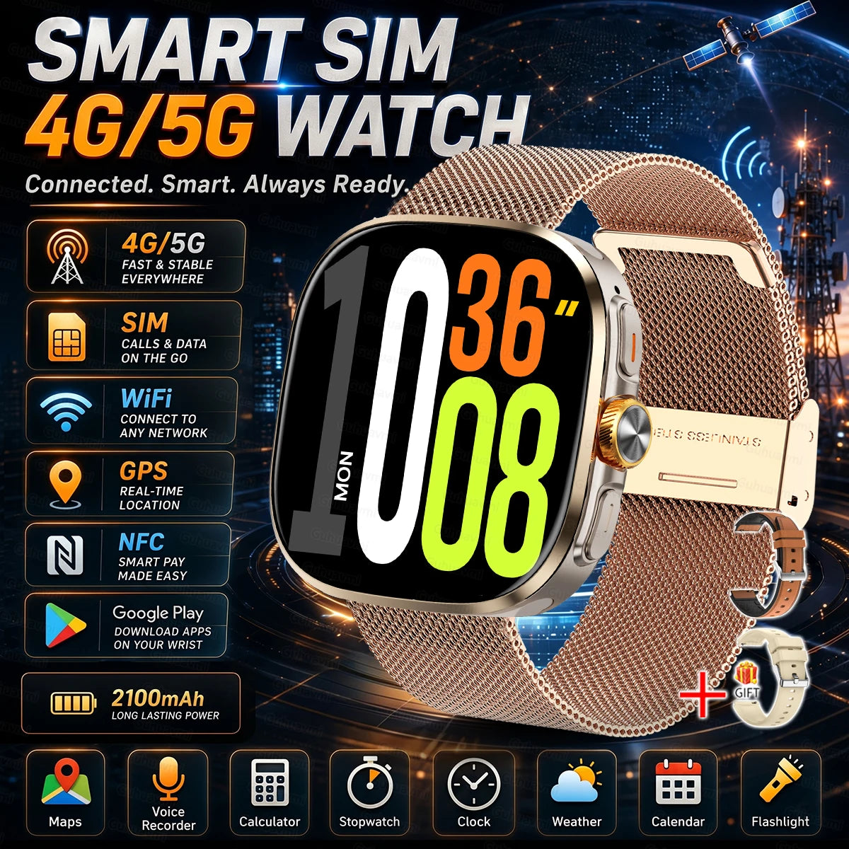 New upgrade 5G/4G Full Network Smart Watch AMOLED 2100mah Rotating Camera GPS WIFI Google APPS Download Smartwatch phone iOS