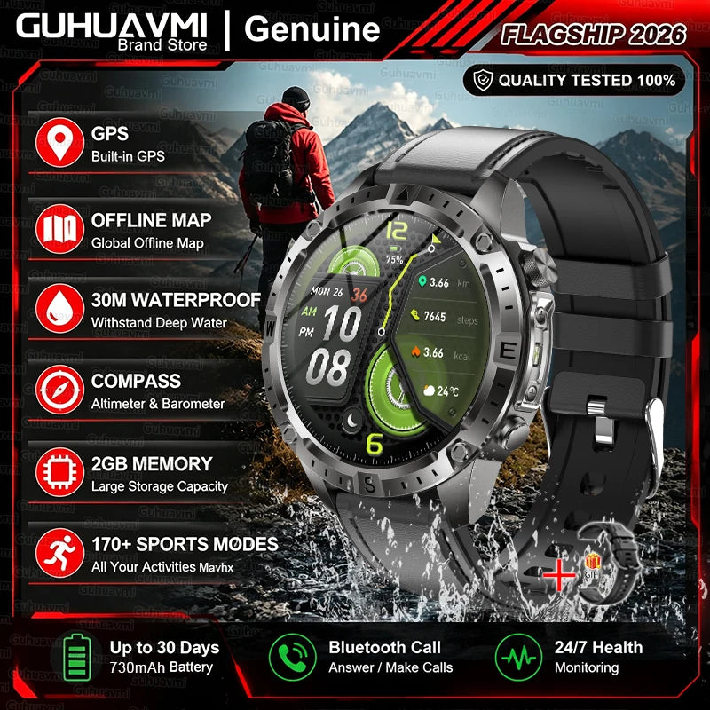 2026New Military Built-in GPS Offline Map Smart Watch AMOLED HD BT Call Compass Flashlight 3ATM Waterproof Men Sports Smartwatch