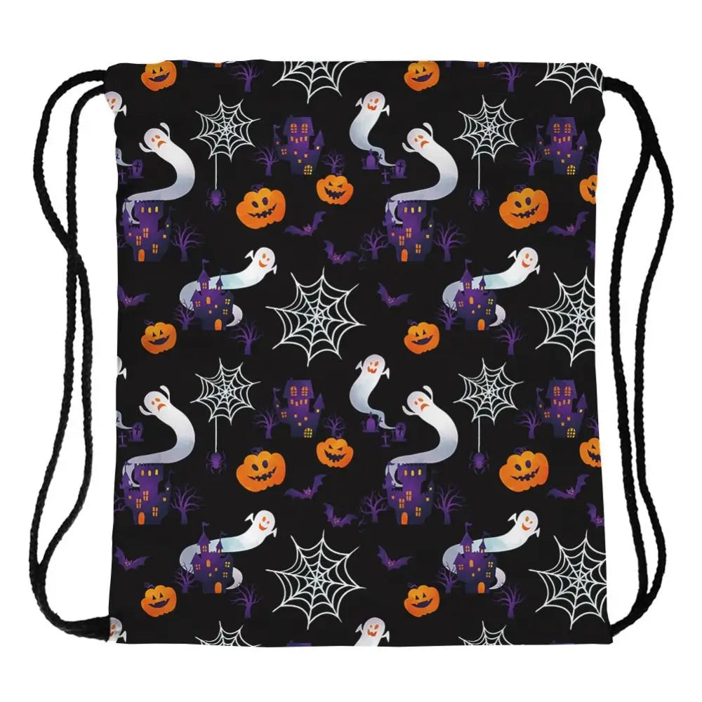 Practical Creative Drawstring Bag Portable Cartoon Pumpkin Halloween Backpacks Polyester Foldable Sports Gym Sack Travel Storage