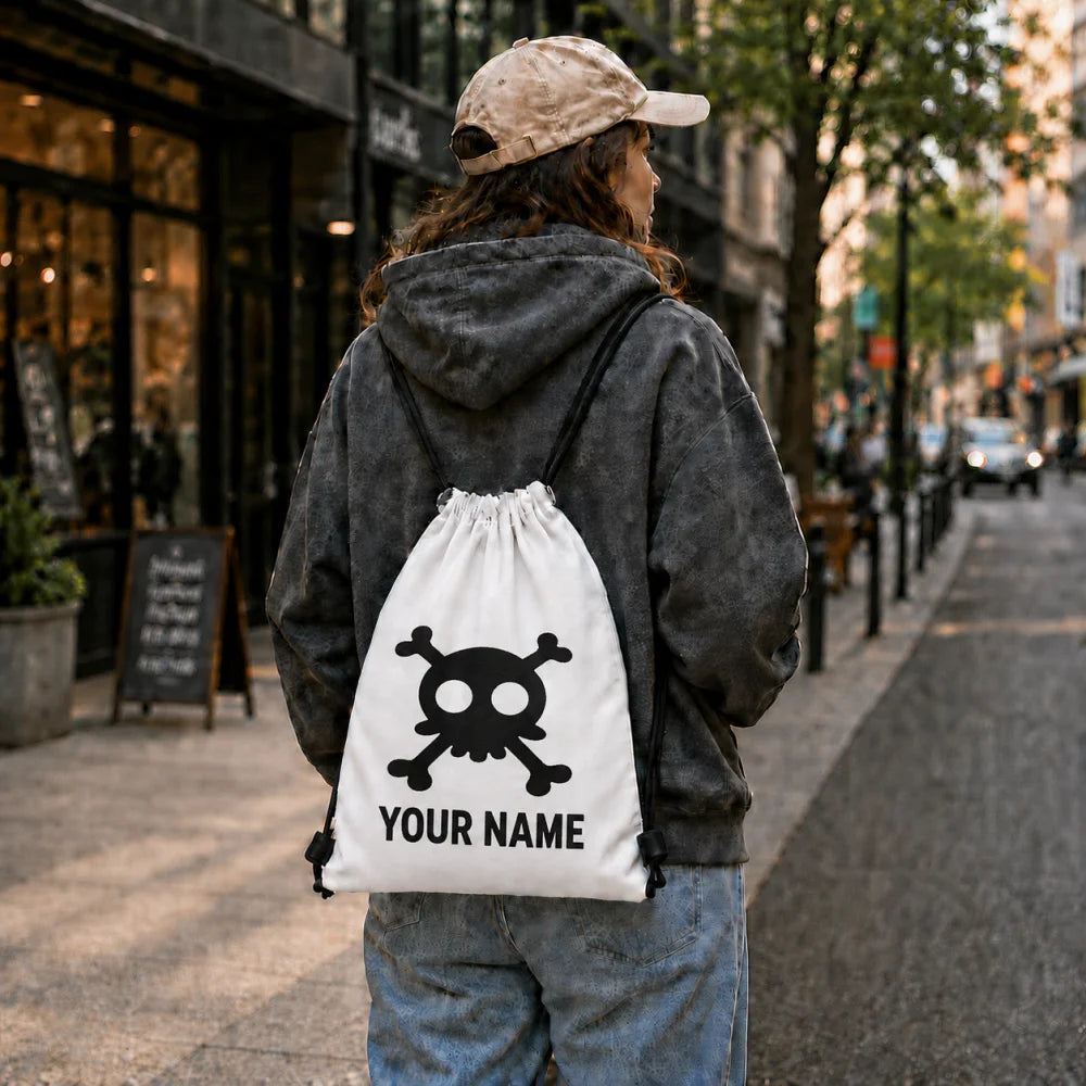 Personalized Skull Crossbones Drawstring Backpack Custom Name Kids Halloween Candy Bag Halloween Party Storage Gift Bag