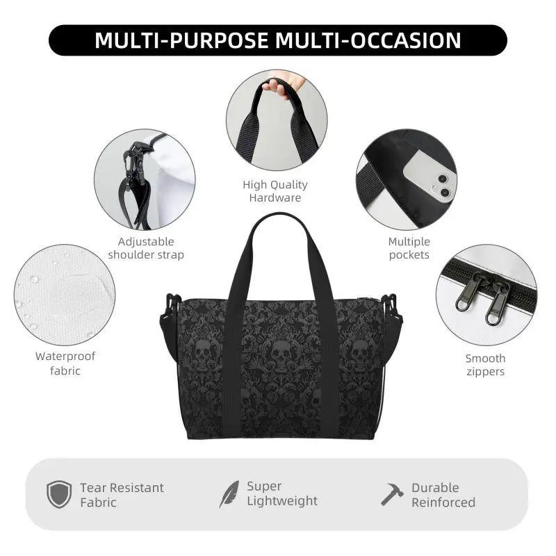 Gothic Black Skull Damask Print Hand Travel Bag Multipurpose Weekender Bags Unisex Casual Waterproof Sports Yoga Luggage Bag