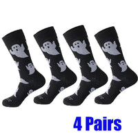 4 Pairs Ladies Autumn Winter Mid-Calf Socks, Cute Cartoon Black & White Ghost Print Halloween Themed Socks For Women