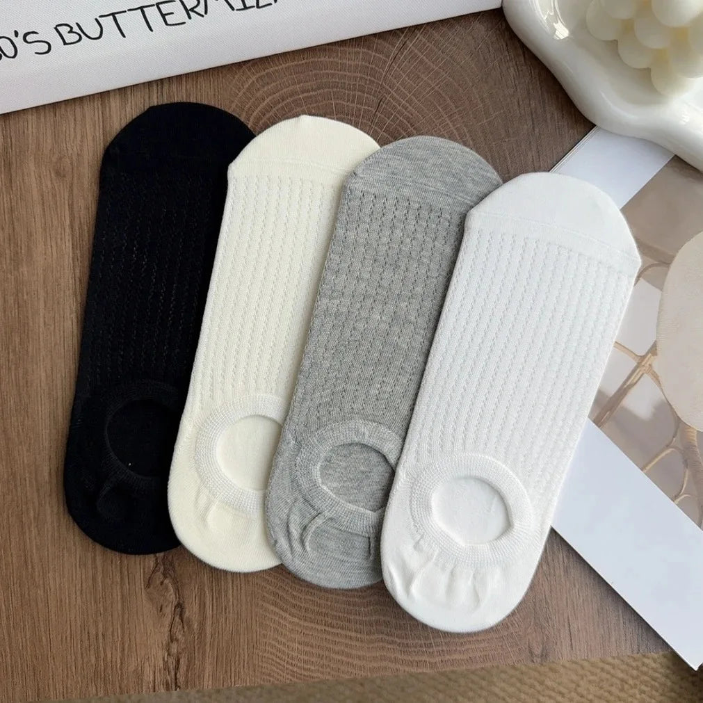 4 Pairs Women Summer Thin Breathable Non Slip Low Cut Invisible Boat Socks Casual Solid Color Comfortable Mesh Socks For Ladies