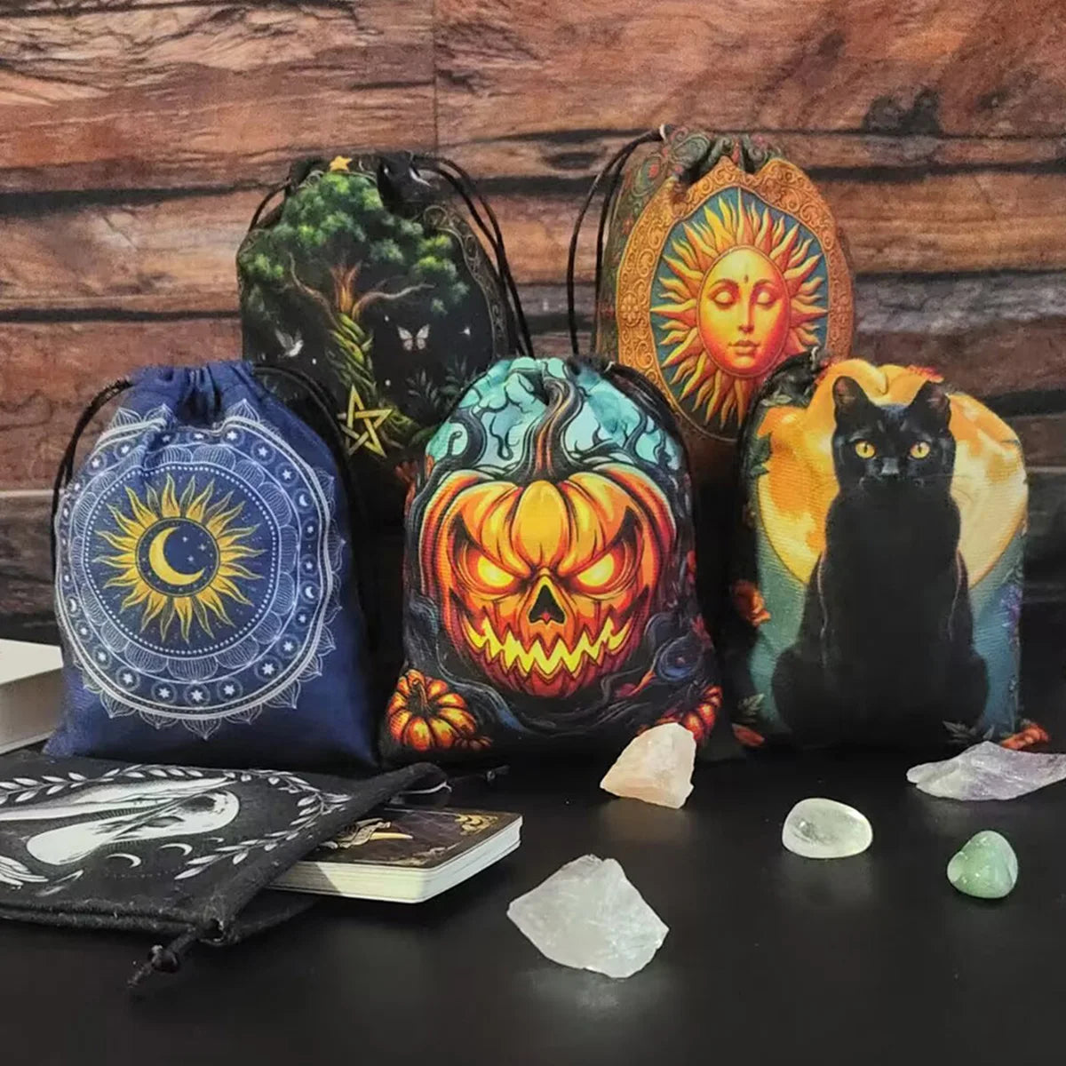Velvet Witch Cat  Tarot Card Bag With Halloween Pumpkin Drawstring Pouch For Divination Jewelry Astrology Dice Accessories Bag