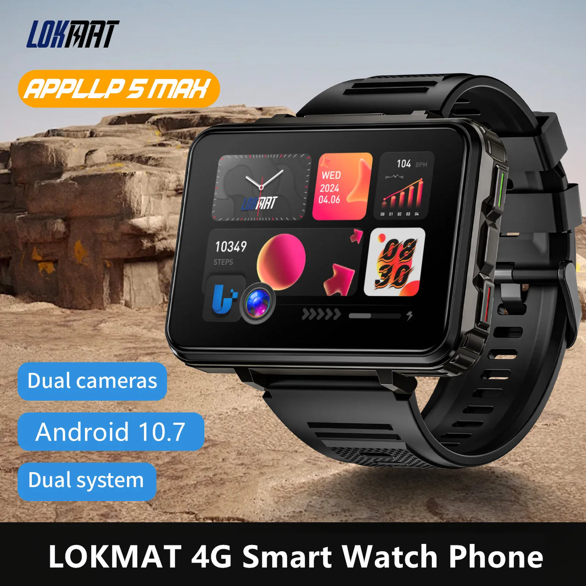 LOKMAT APPLLP 5 MAX Android Watch Phone Square Big Screen Wifi 4G Calls Smartwatches Dual Camera with Flashlight Gaming Watch