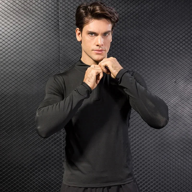 Winter Fleece Men's Fitness Running Training Long-Sleeved Elastic Warm Tight Stand-Up Collar Hoodie Zipper Compression Shirt