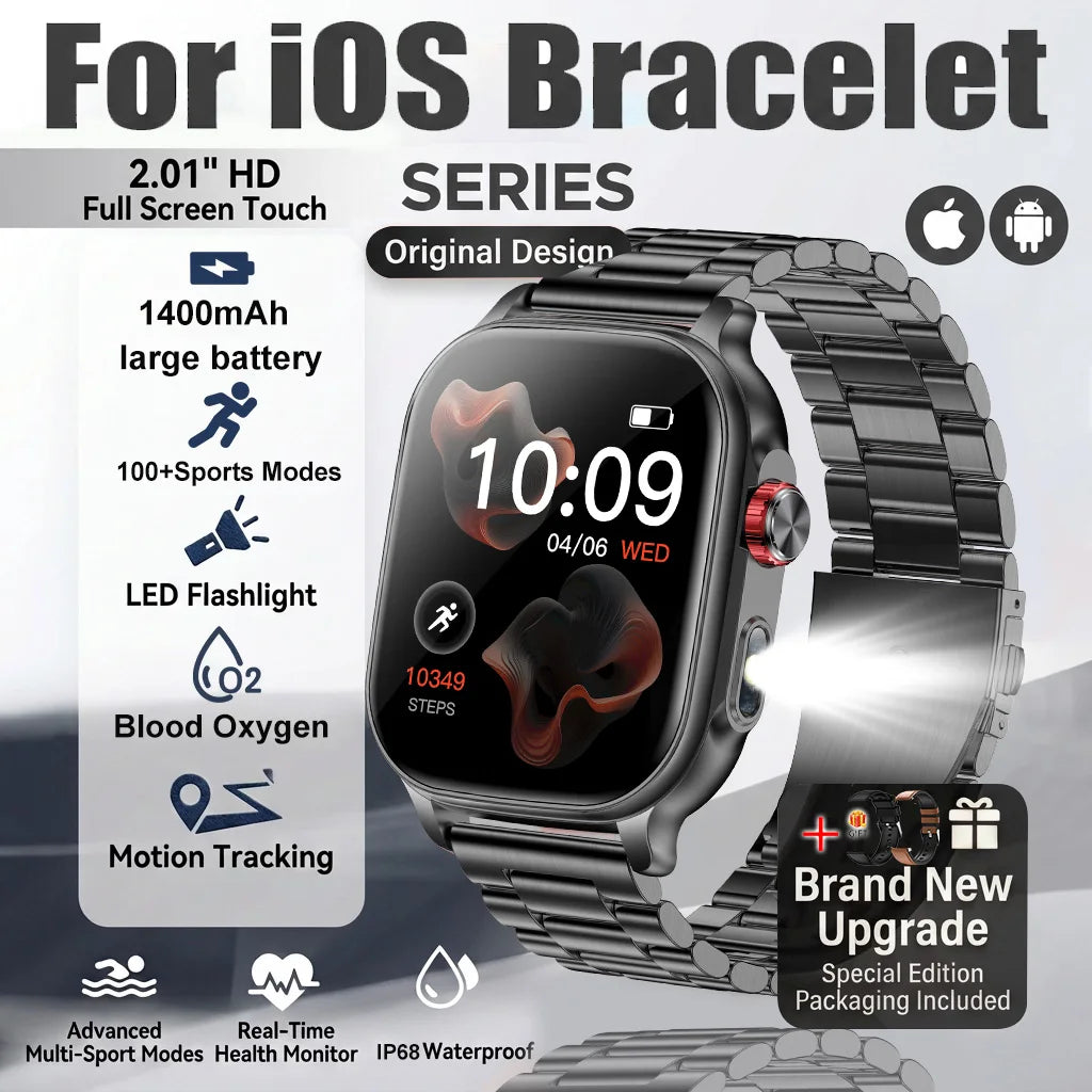 New1400mAh Large Battery Smart Watch 5ATM Waterproof LED Flashlight 100+ Sports Modes Heart Rate Fitness Tracker Men Smart Watch