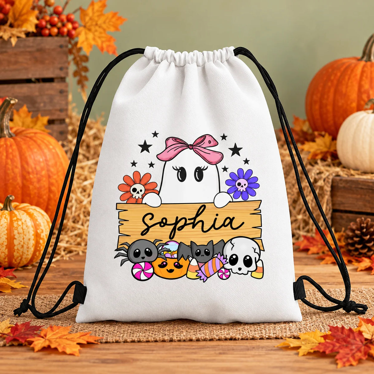 Custom Name Halloween Drawstring Backpack Cute Ghost Pumpkin Candy Bag Kids Trick Or Treat Sack Halloween Gift for Boys Girls