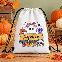 Custom Name Halloween Drawstring Backpack Cute Ghost Pumpkin Candy Bag Kids Trick Or Treat Sack Halloween Gift for Boys Girls