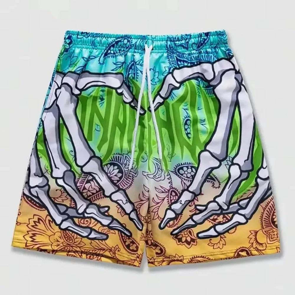 Men's Summer Skeleton Hand Element Printed Quick Drying Breathable Shorts Suitable for Outdoor Casual Wear