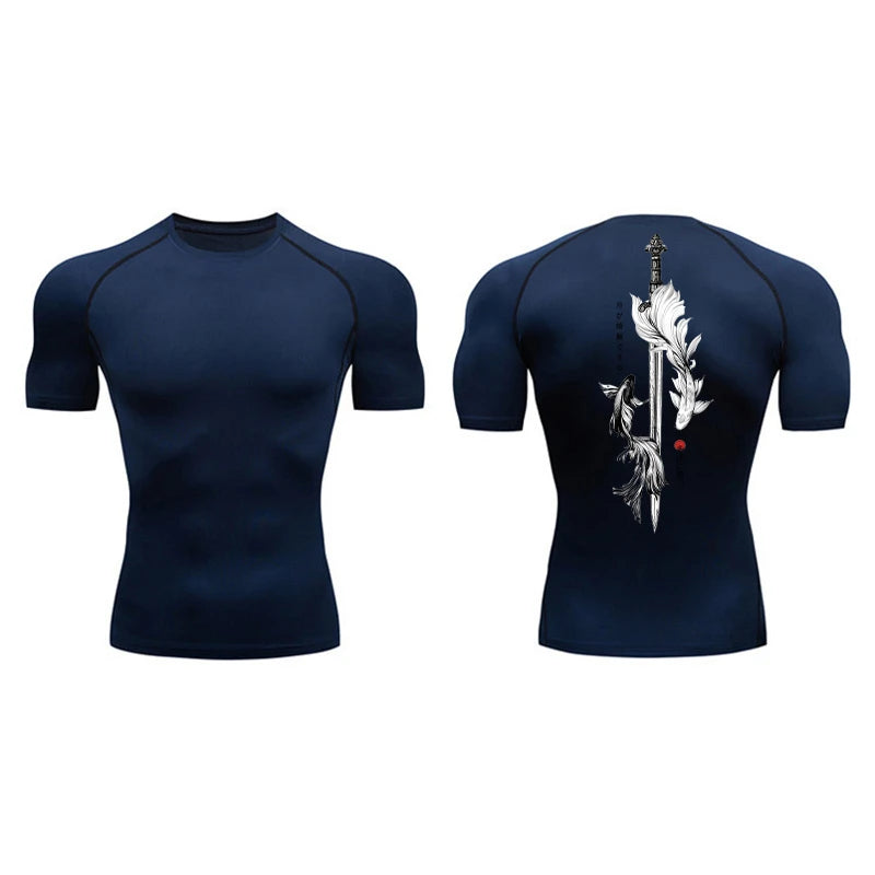 Yin Yang Sword Print Short Sleeve Compression Shirts for Men Summer Athletic Quick Dry T-shirts Gym Workout Running Tees Tops