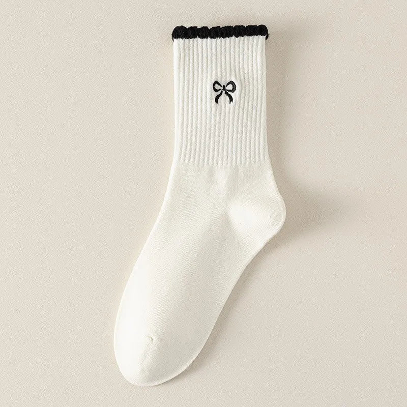 6 pairs of women's spring autumn mid-term socks with polka dot bows cute versatile simple comfortable casual socks