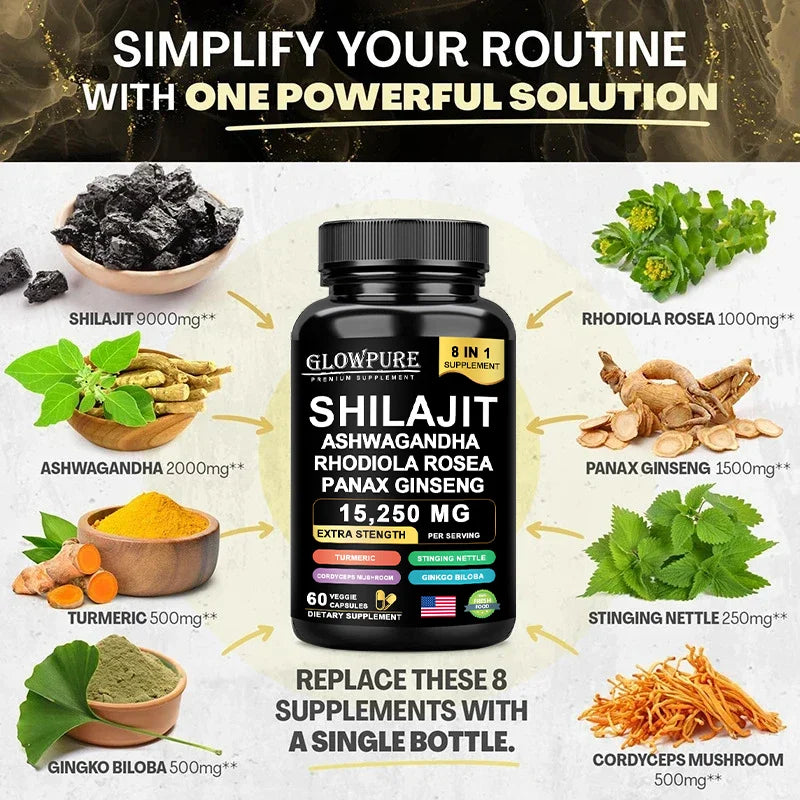 Shilajit Original Himalaya Supplements - 8 in 1 with Ginseng Ashwagandha for Brain, Memory, Concentration, Energy, Immune Health