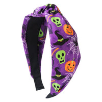 Women Halloween Cosplay Knotted Padded Headband Pumpkin Spider Bat Print Wide Hair Hoop Trick or Treat Hair Accessories