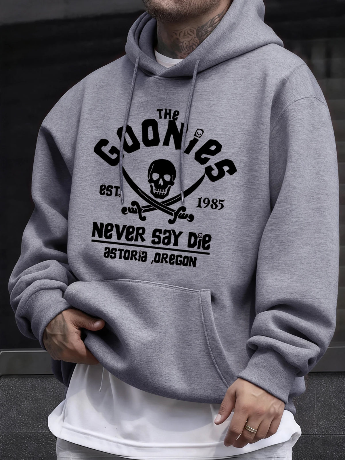 Distressed Goonies Never Say Die Mens Sweatshirt Fashion Casual Hoodies Soft Loose Pullovers Fleece Autumn Unisex Clothing