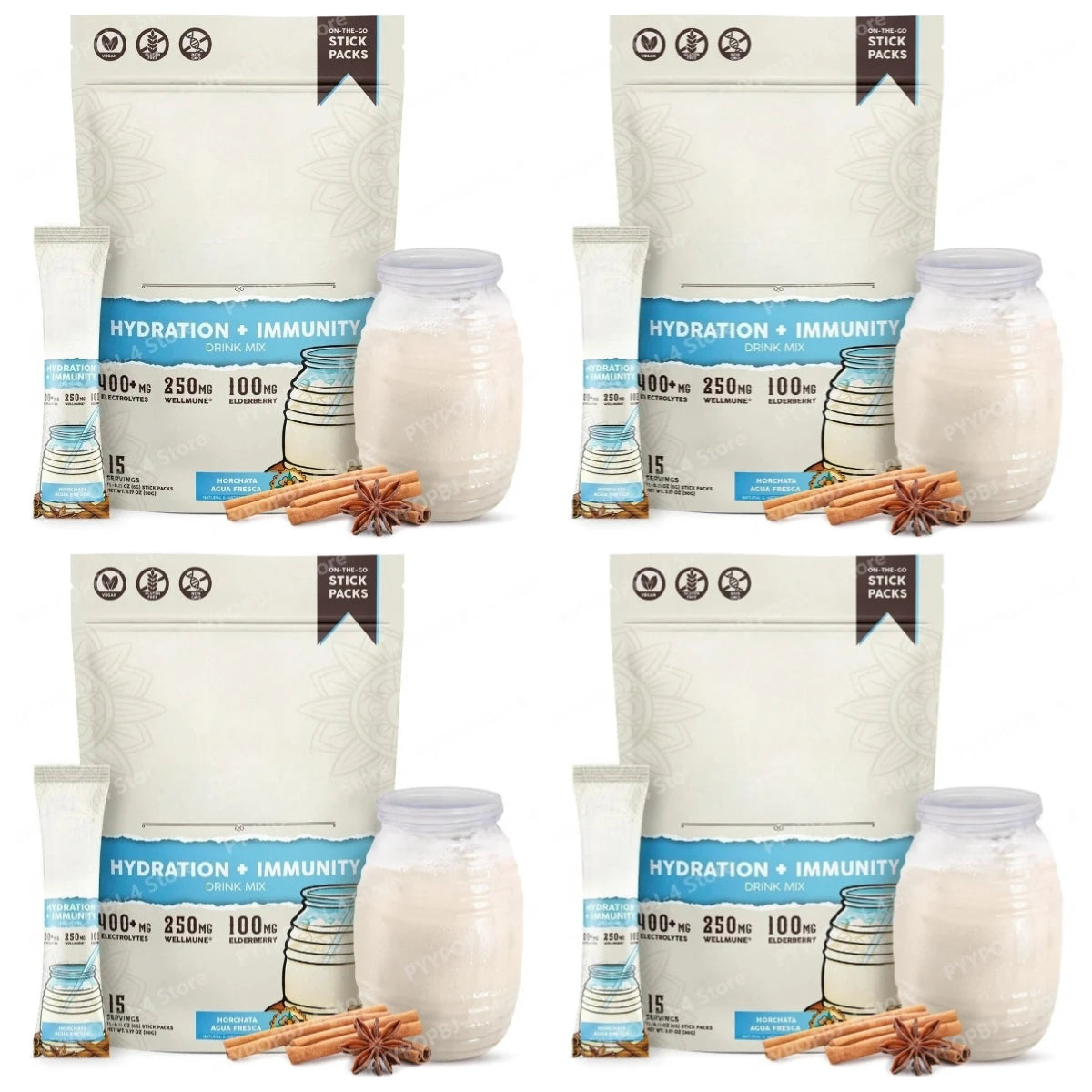 Hydration Packets + Immunity Electrolytes Powder Horchata - Agua Fresca Drink Mix Elderberry Low Calorie Non-GMO 15 Servings